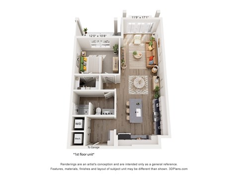 Floor plan for 1 bed, 1 bath, 797 sqft
